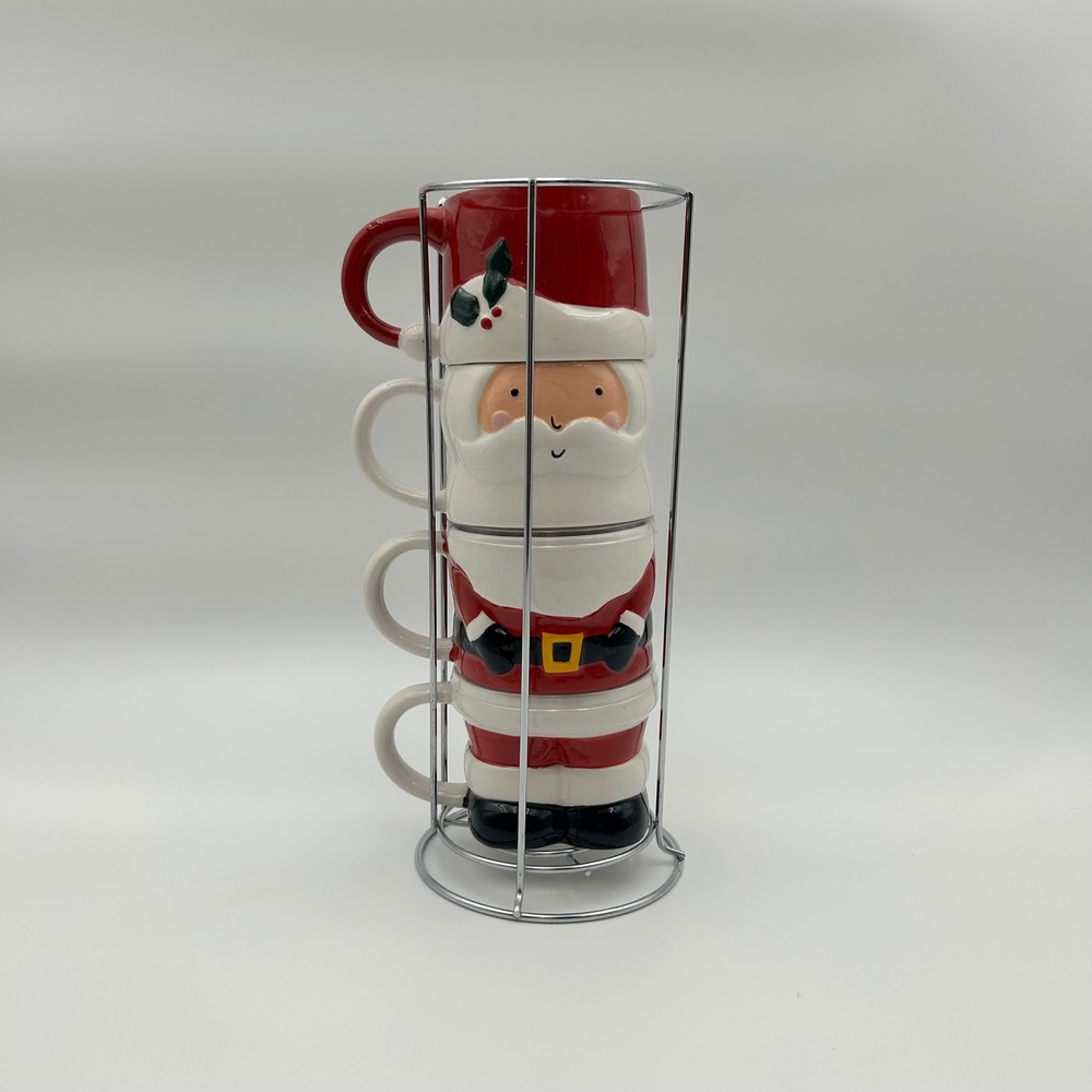 Santa Claus Stacking Mugs Set of 4 with Chrome Storage Rack Christmas Holiday